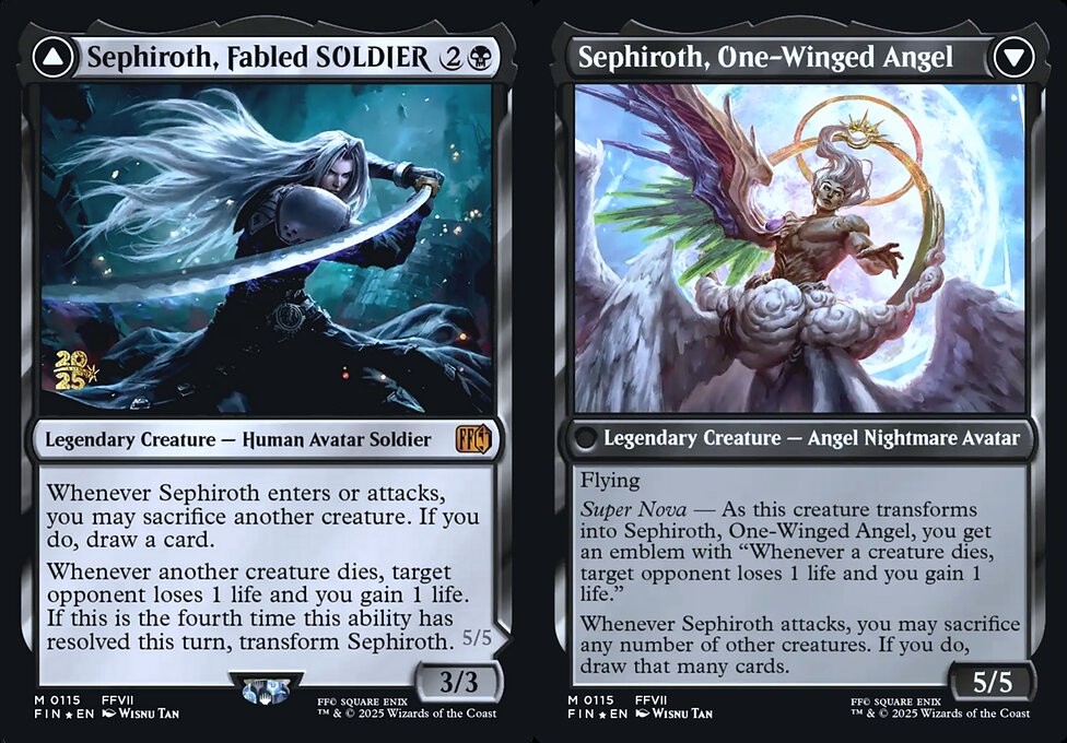 sephiroth mtg cards Sephiroth, Fabled SOLDIER Commander EDH 100 Magic Custom Moonveil Games target opponent loses 1 life and you gain 1 life. Sephiroth, Fabled SOLDIER // Sephiroth,