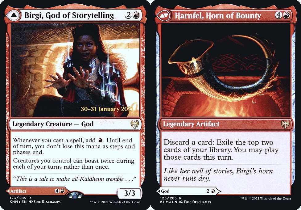 Birgi, God of Storytelling // Harnfel, Horn of Bounty - Foil Prerelease Promo - LaughingDragonMTG Birgi, God of Storytelling // Harnfel, Horn of Bounty - Foil Prerelease Promo - LaughingDragonMTG